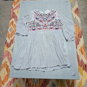 Amazon Boho Embroidered Bell Sleeve Babydoll Mini Dress - Grey / Blue / Red